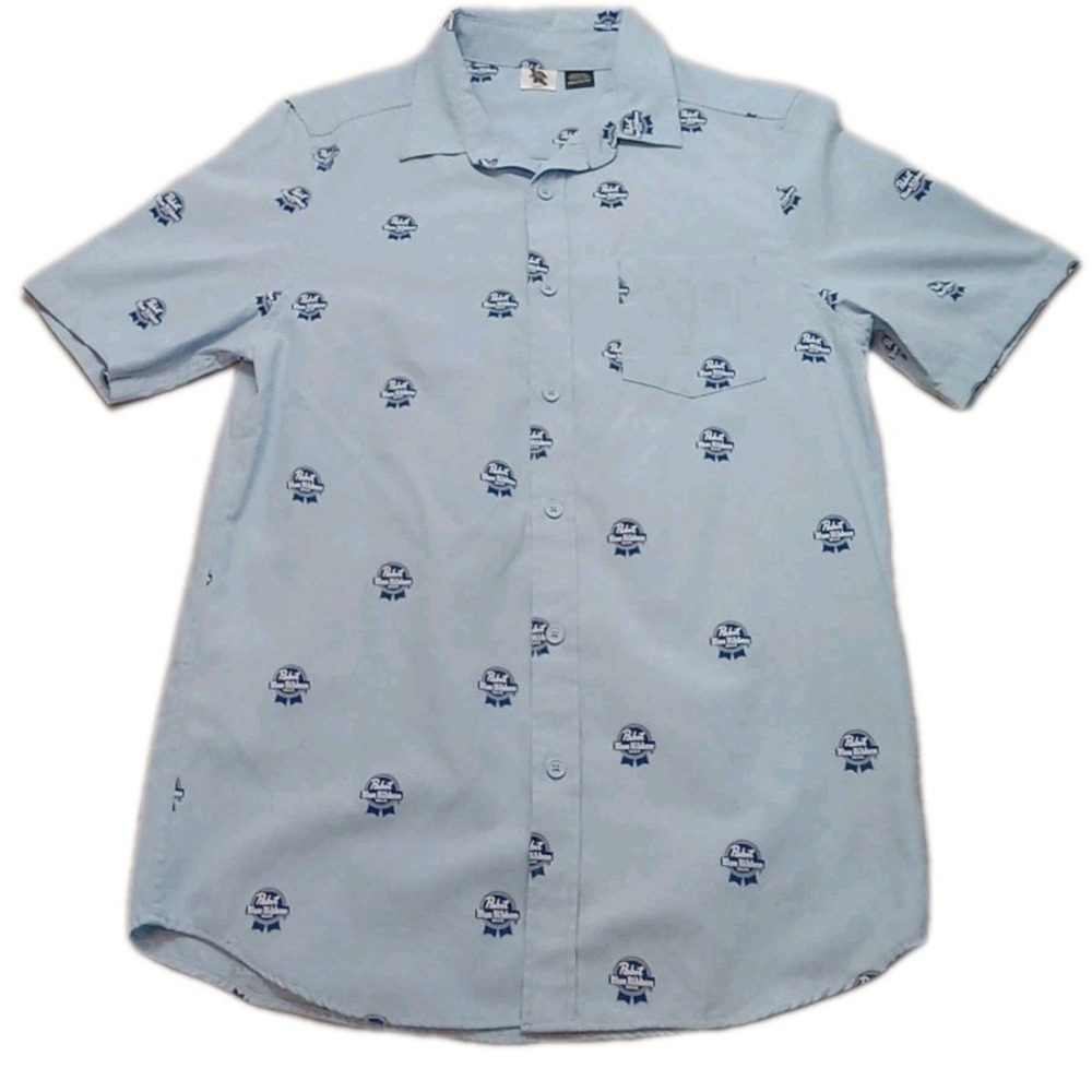 PABST BLUE RIBBON Mens Button-up Shirt Sz Medium AOP Casual PBR Beer Shirt